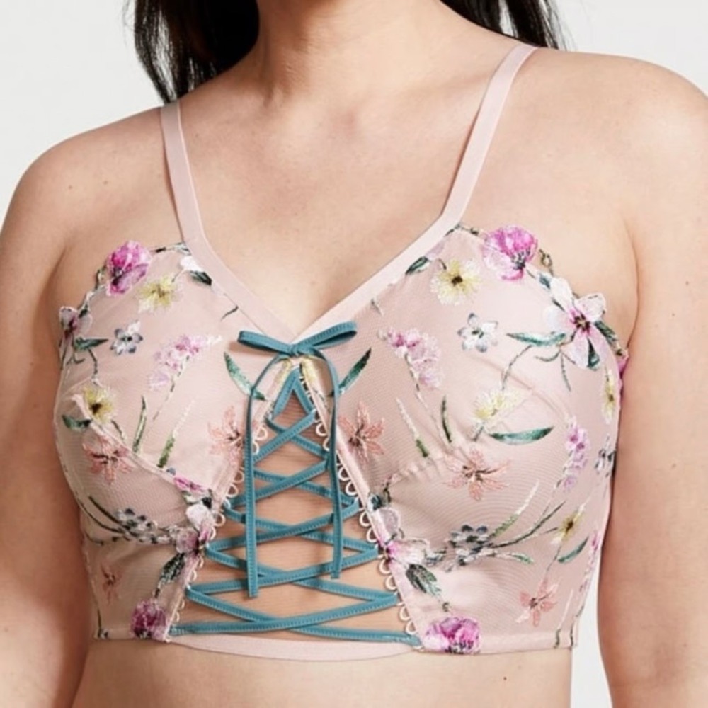 Victorias Secret Dream Angels Pink Floral Embroidered Corset Lace Sz XL *flaw*